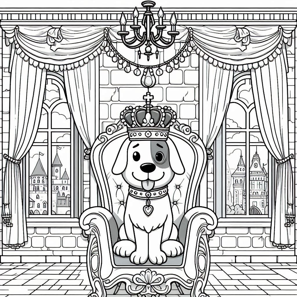 Majestic dog coloring pages with royal castle scene
