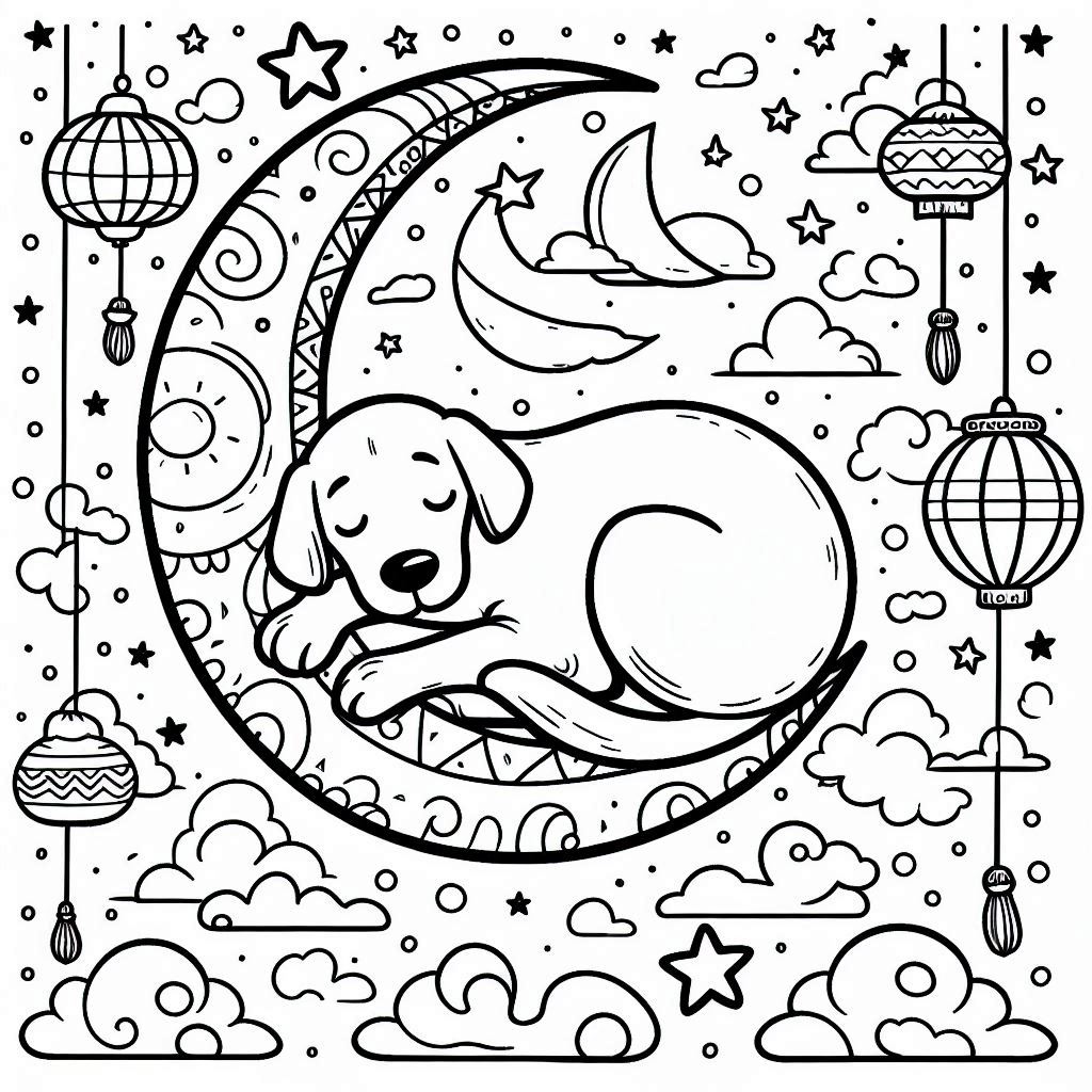 Peaceful moonlight dog coloring pages for night art