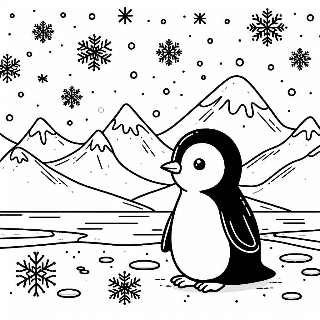 Penguin Coloring Pages in Snowy Mountains