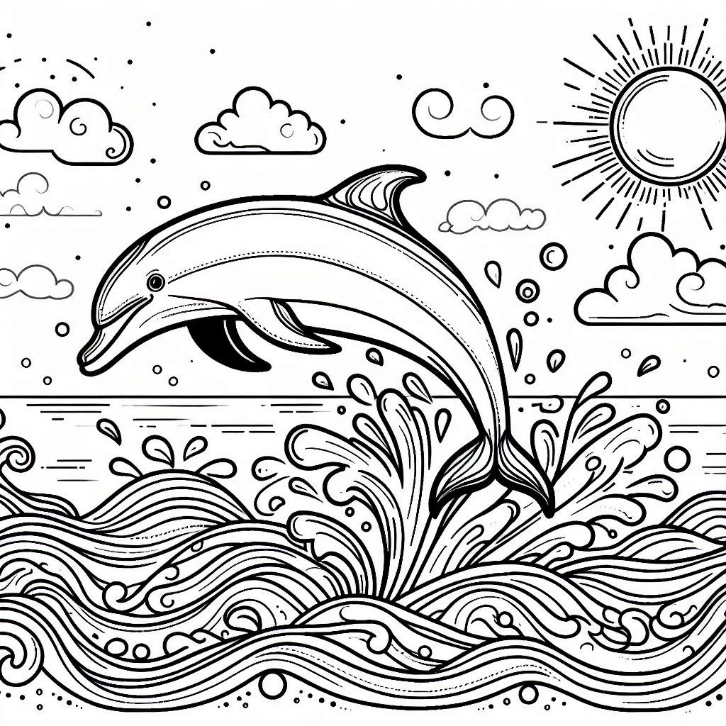 Playful dolphin coloring page in the sea
