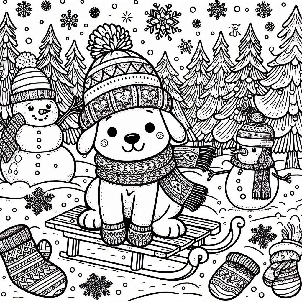 Winter wonderland dog coloring pages with sled fun