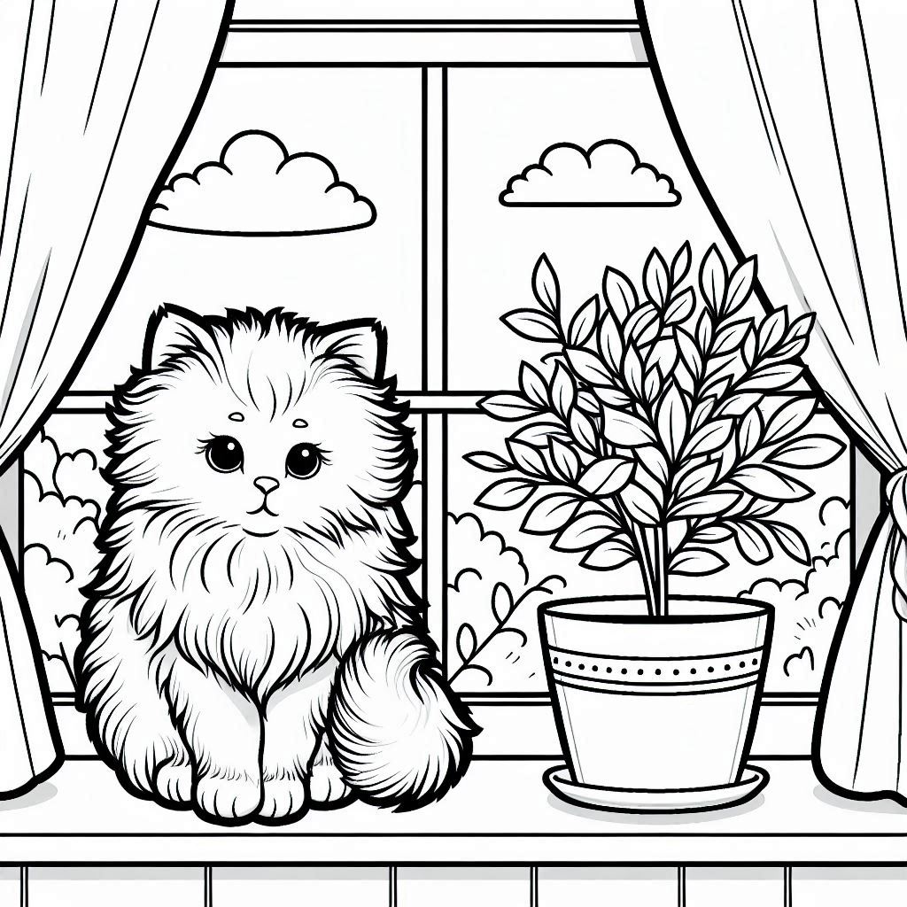 Cute kitten by the window coloring page
