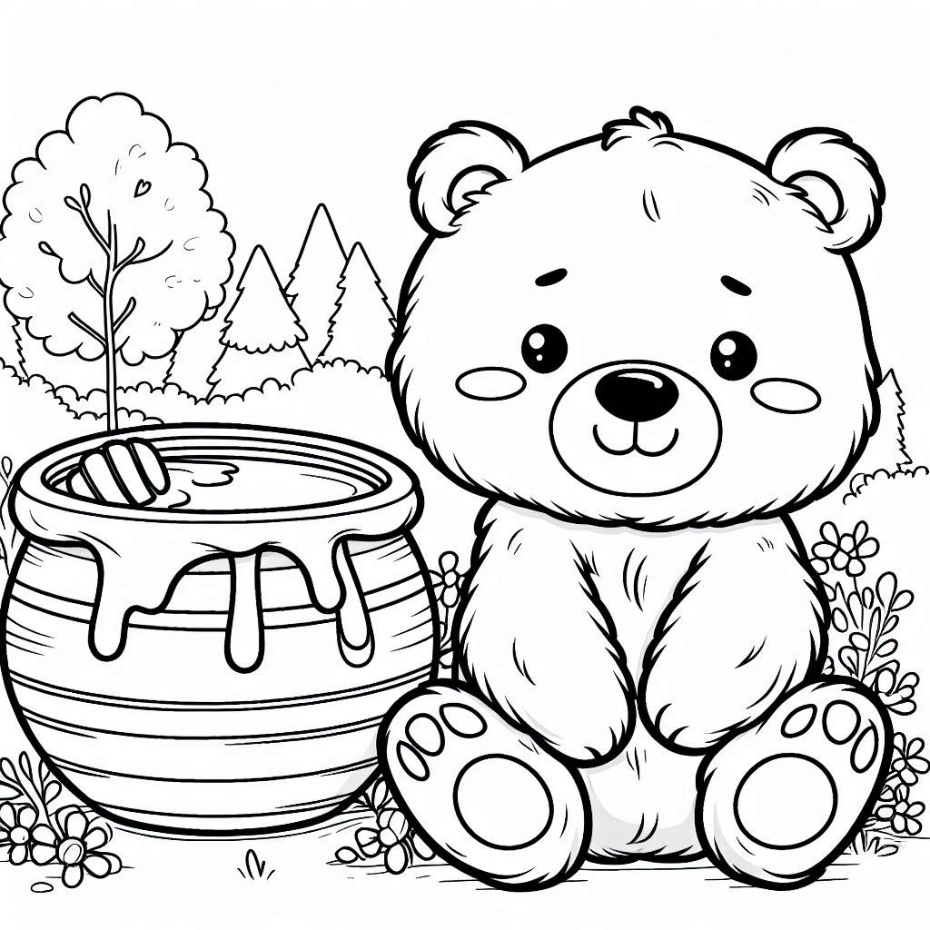 Fluffy bear beside honey, sweet and playful scene