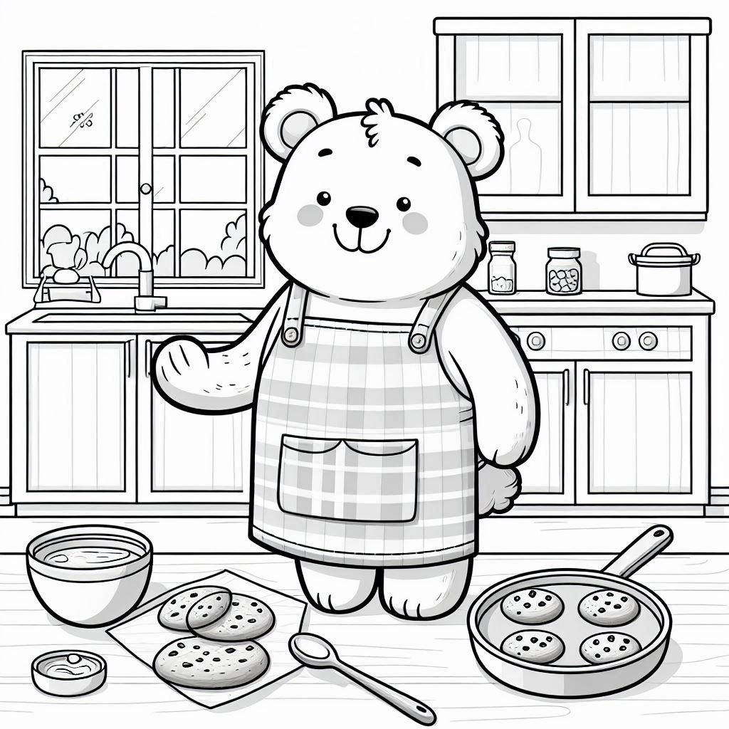 Apron Bear by the Stove coloring pages at home