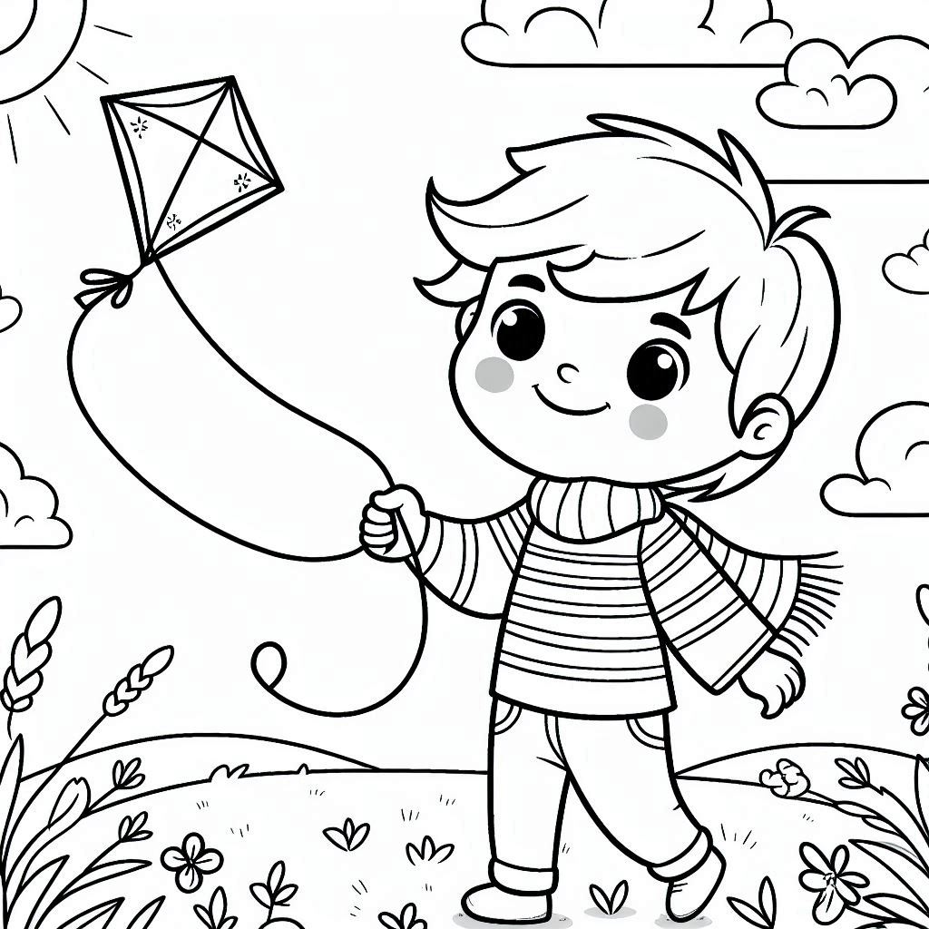 Boy Flying Kite Coloring Page