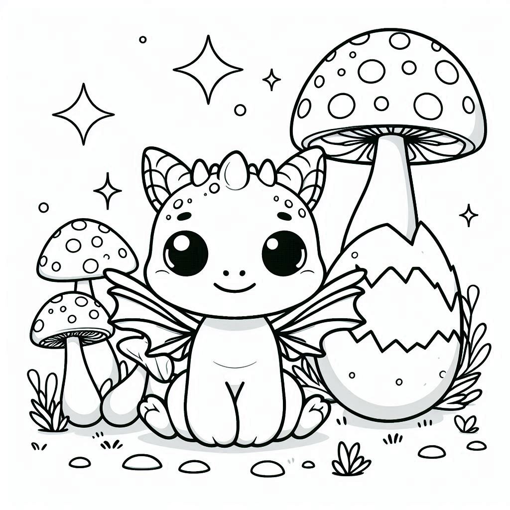 Cute Dragon with Mushrooms Coloring Page