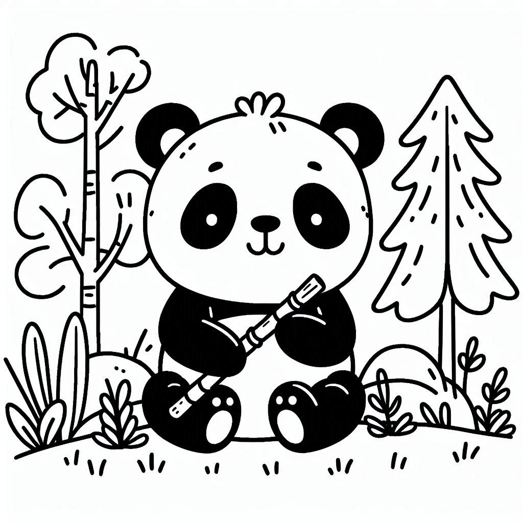 Smiling panda with bamboo in a simple forest scene
