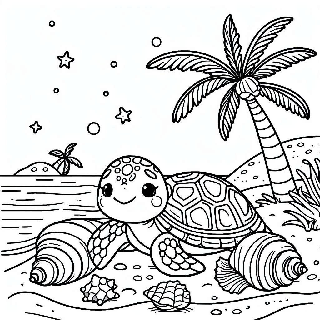 Cute Turtle On Beach coloring pages for kids