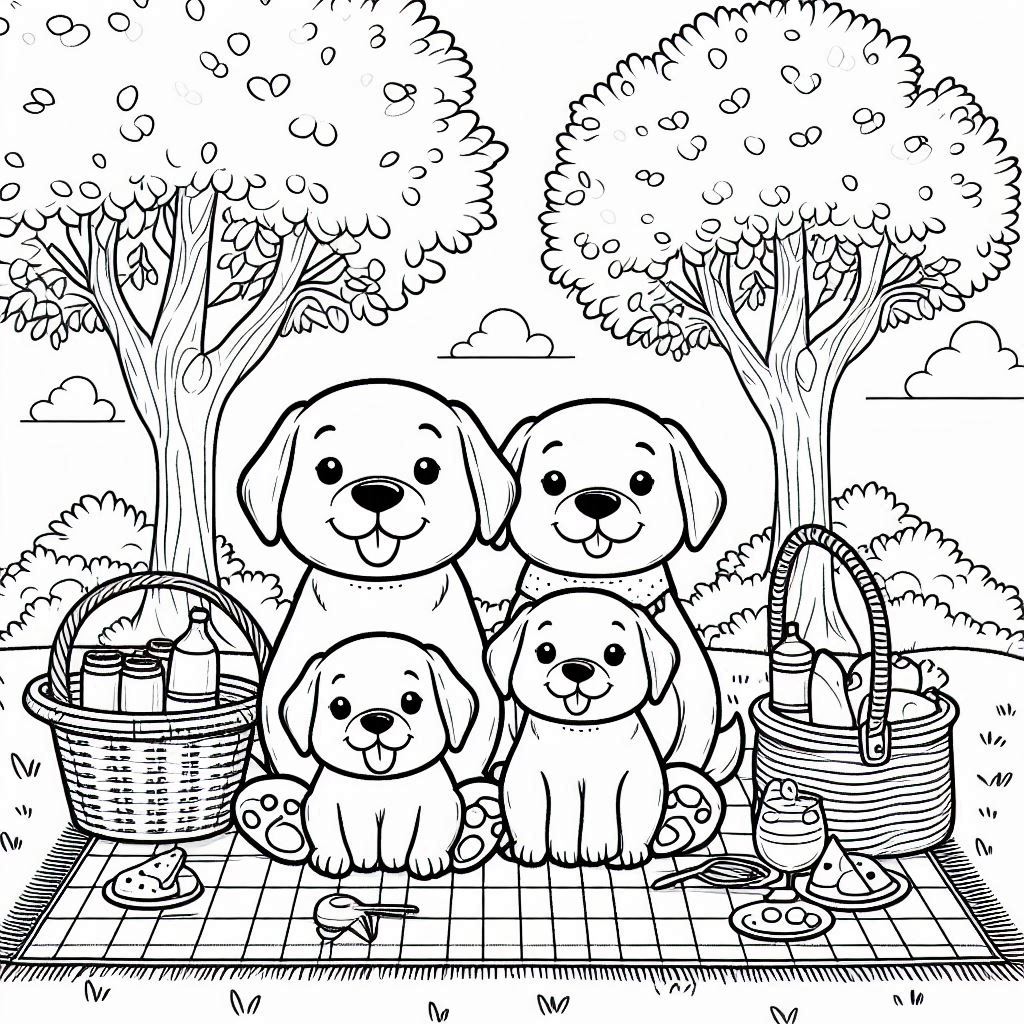 Dog Coloring Page of Happy Family Picnic Scene