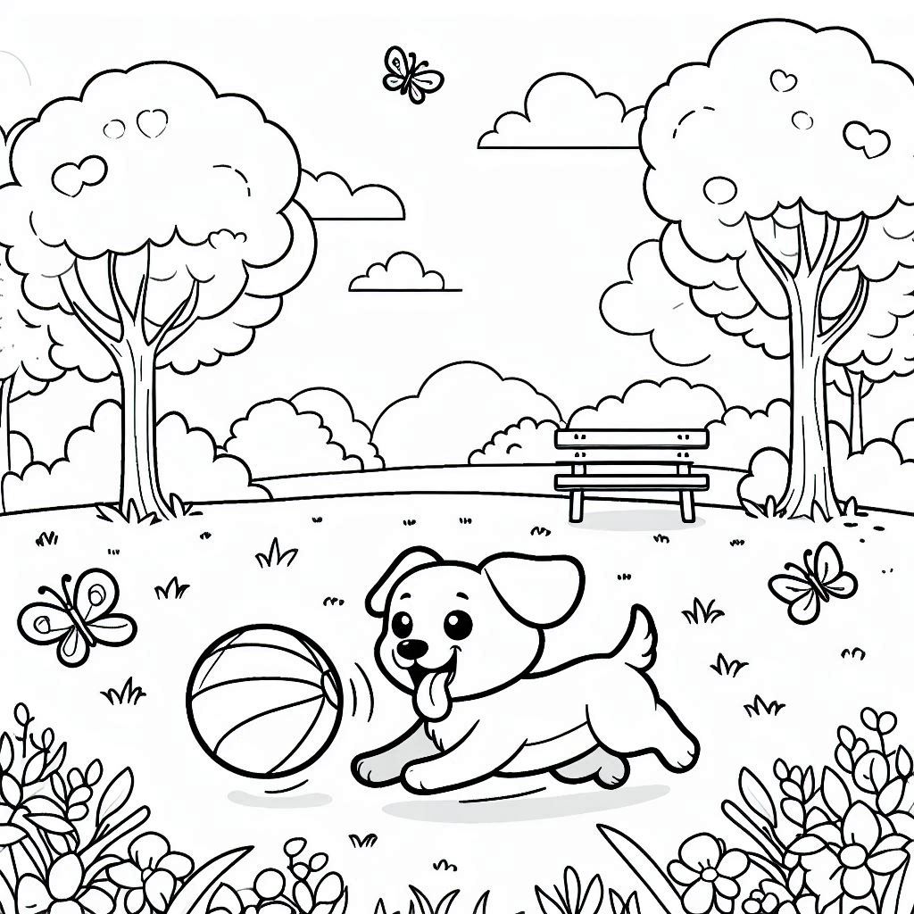 Dog Coloring Page of Puppy Playing with Ball in Park