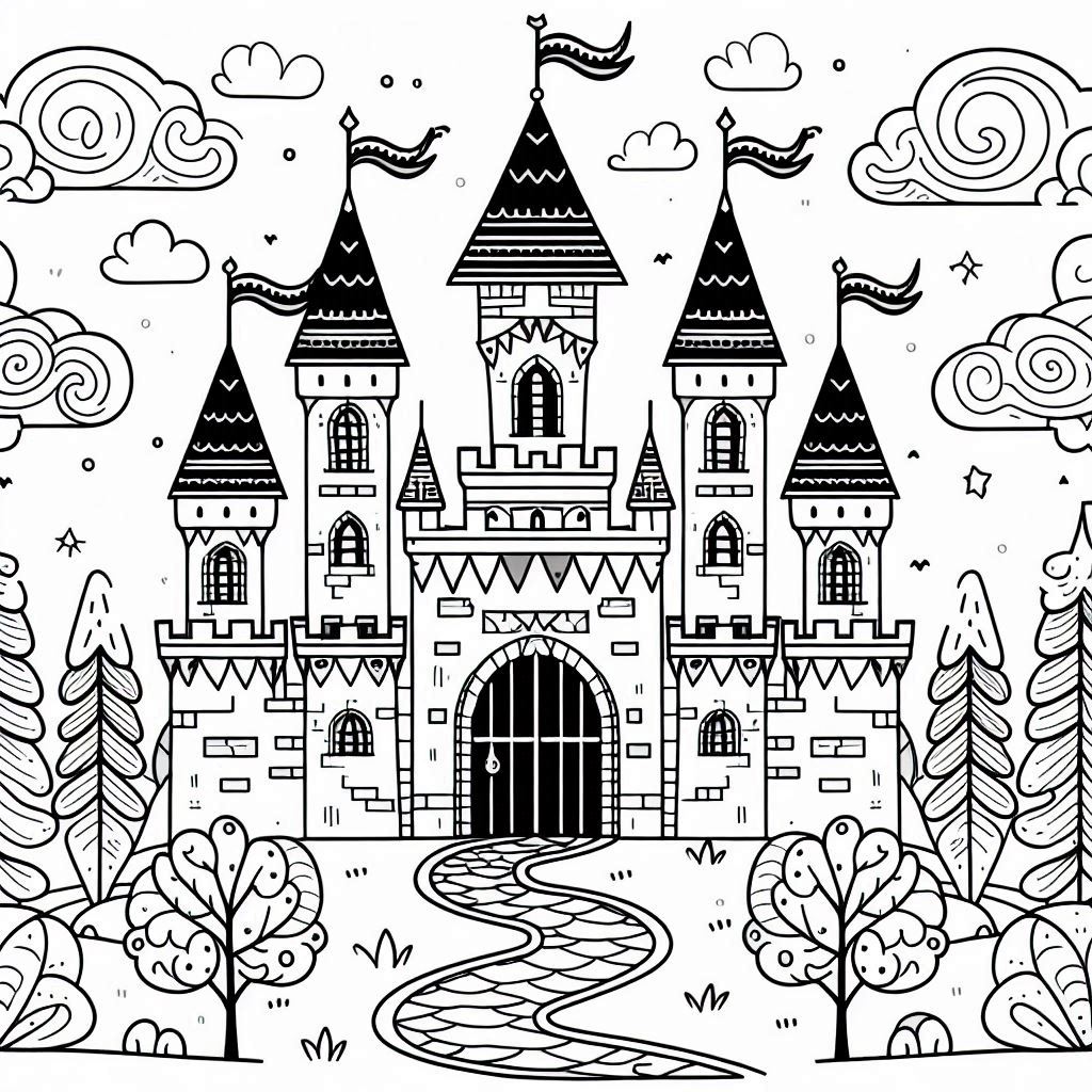 Fantasy Castle with Flags coloring pages art