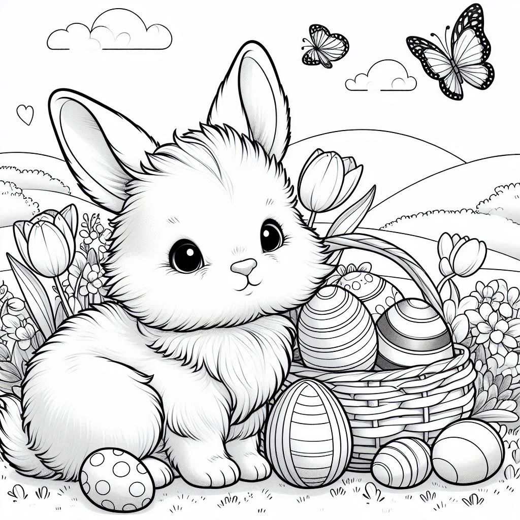 Fluffy Bunny with Flowers coloring pages set