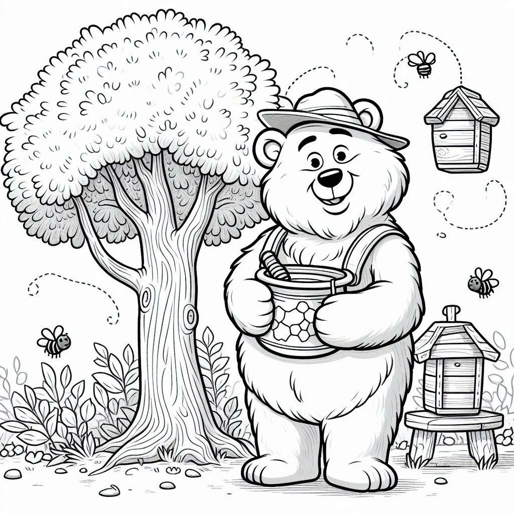 Happy Bear and Honey Tree coloring pages for kids