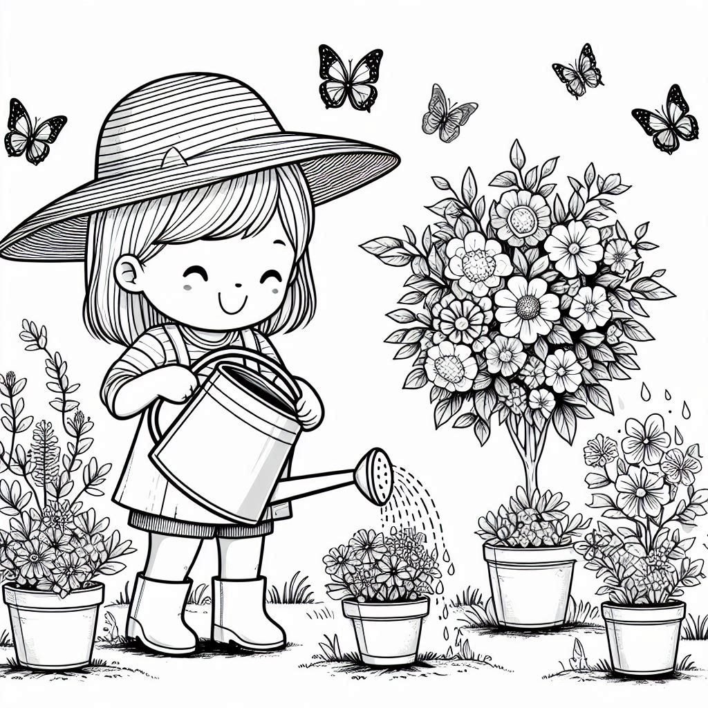 Happy Girl Watering Plants coloring pages