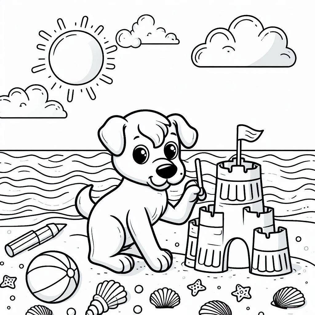 Joyful beach castle moments in dog coloring pages