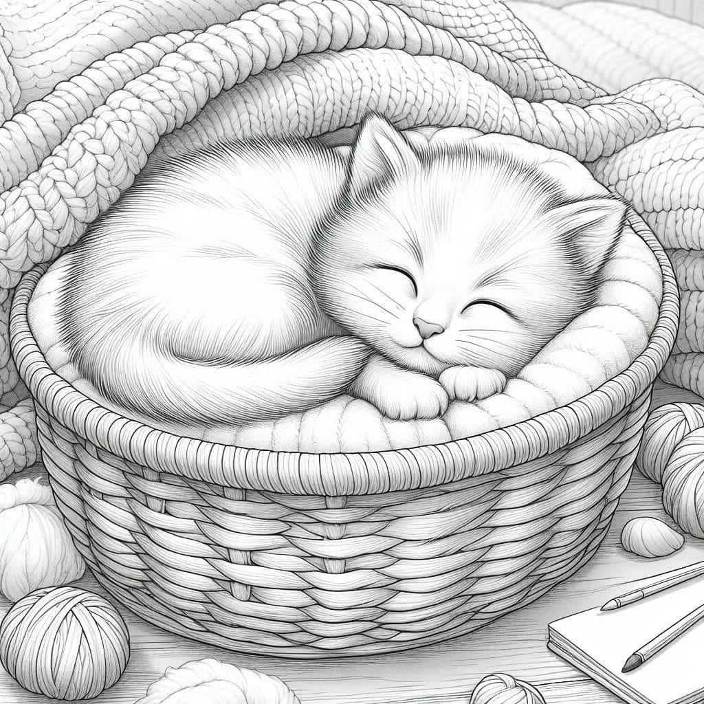 Kitten in a Cozy Basket Coloring Page