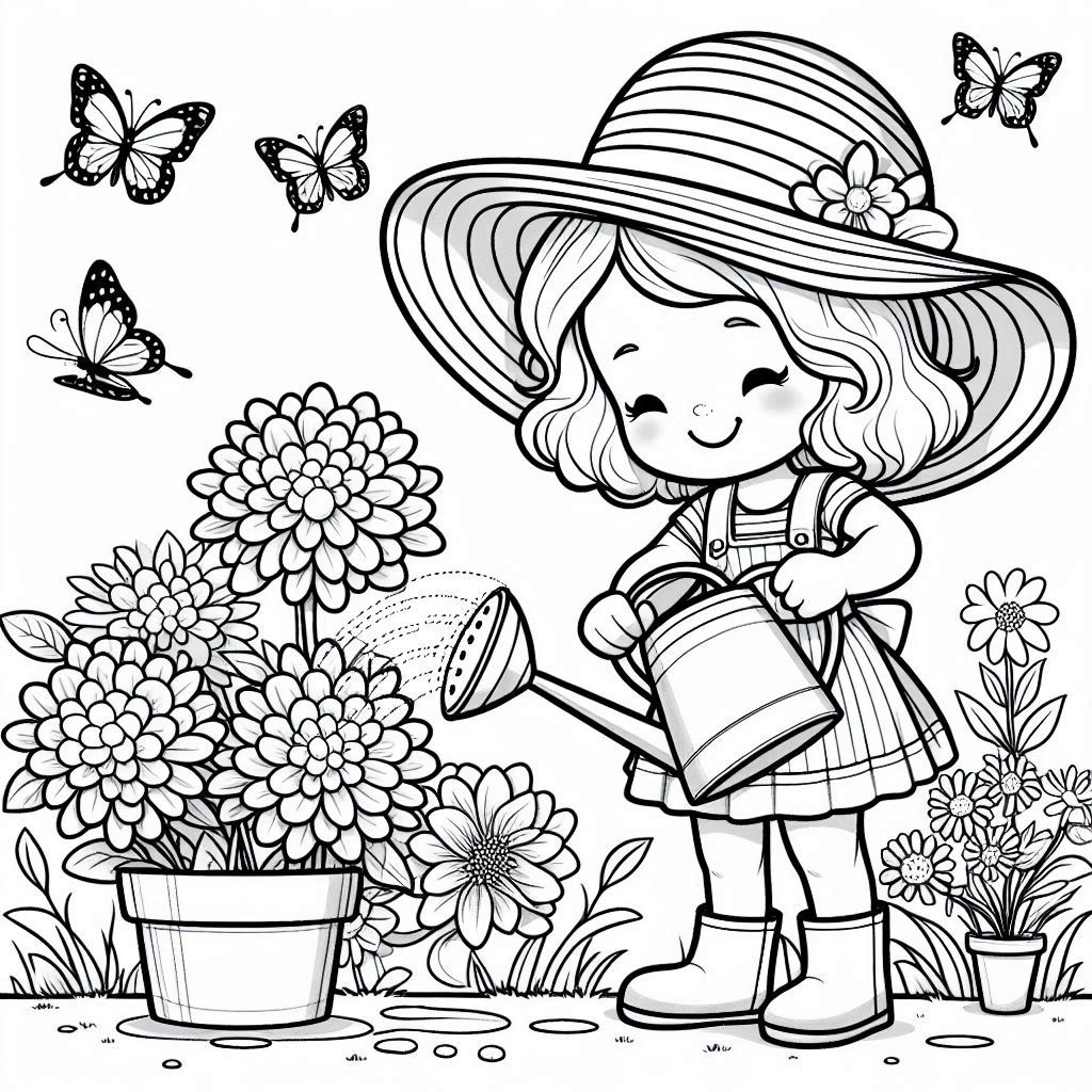 Little Gardener Girl coloring pages with flowers