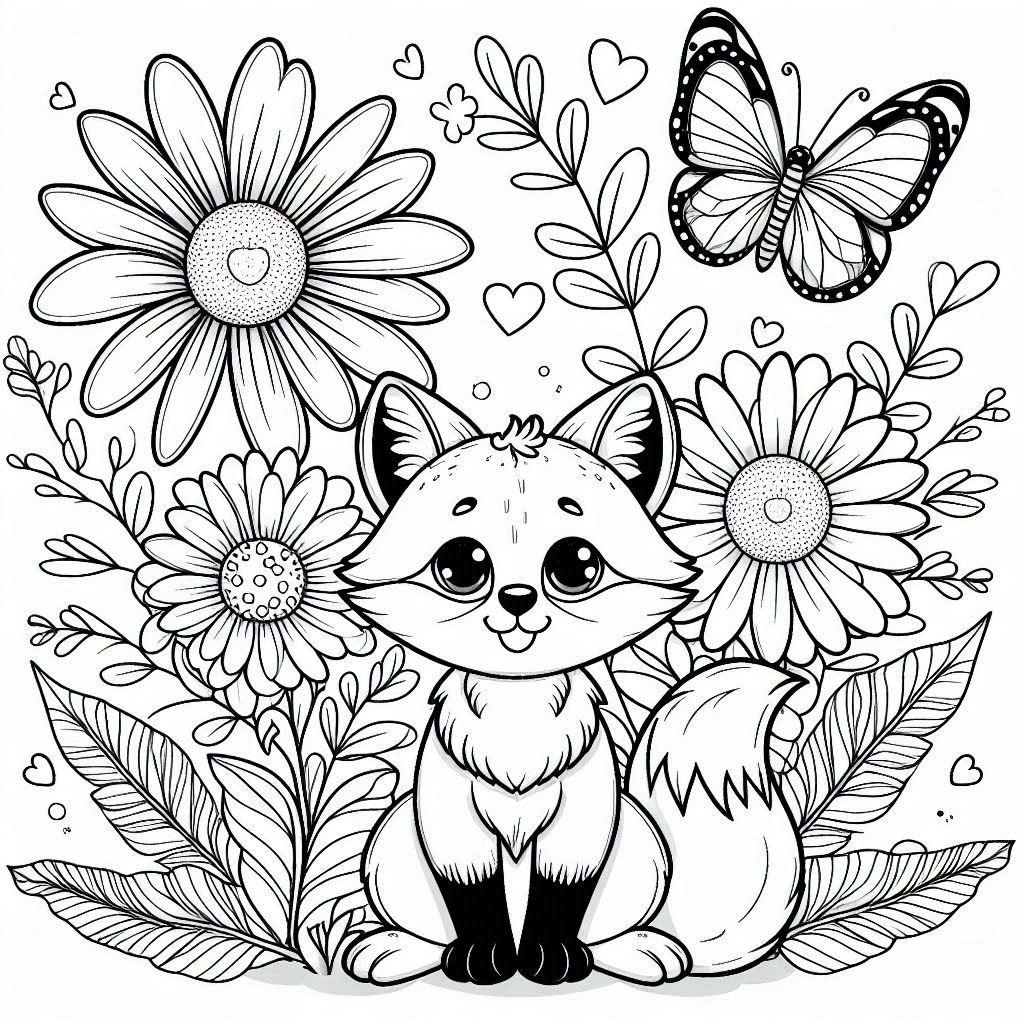 Playful Fox and Flowers coloring pages printable