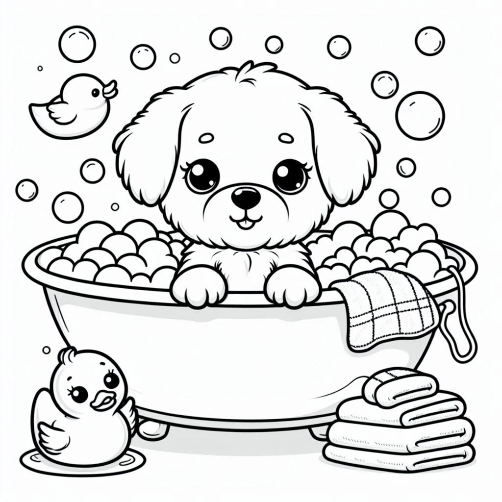 Playful Puppy Dog Coloring Page in Bath Time Scene