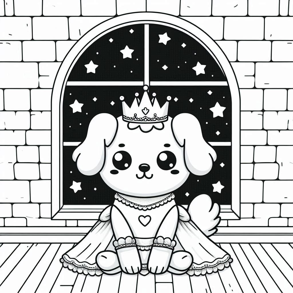 Princess Puppy Dog Coloring Page in a Starry Castle