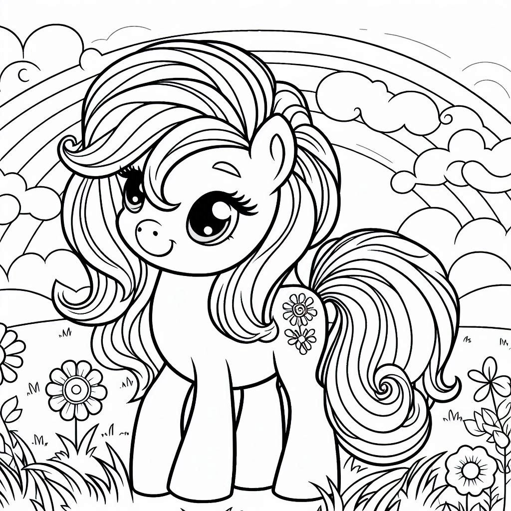 Rainbow Pony Coloring Pages With Cute Flower Details