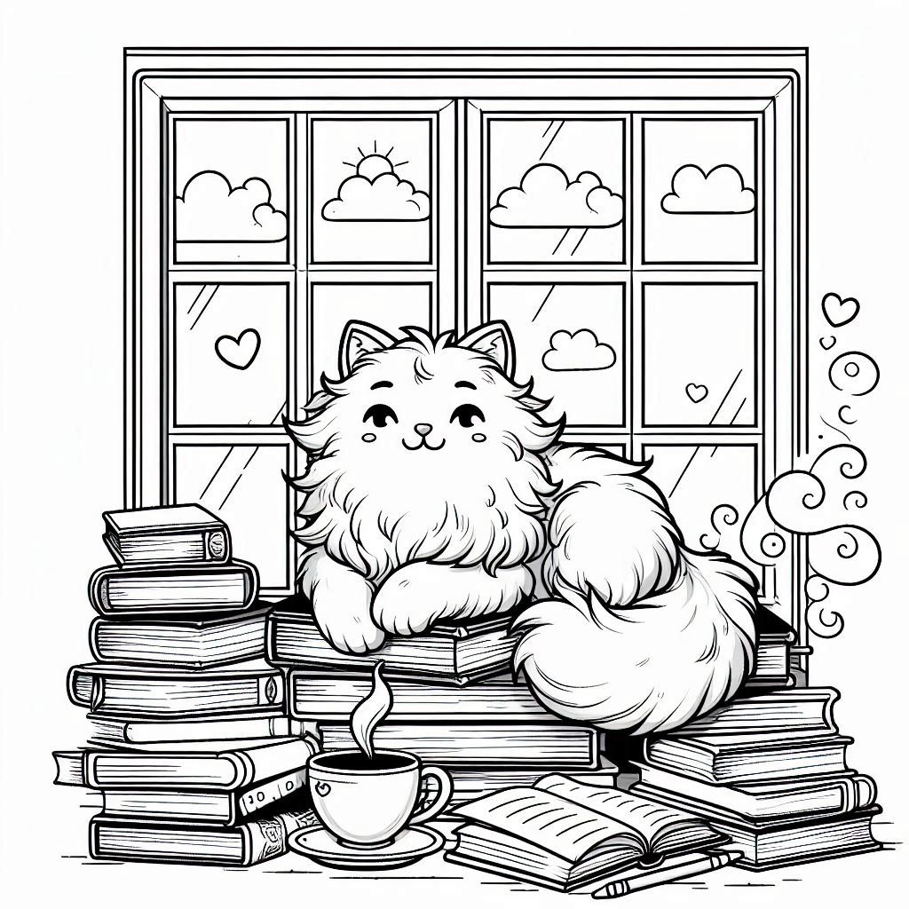 Relaxed Cat Among Books coloring pages idea
