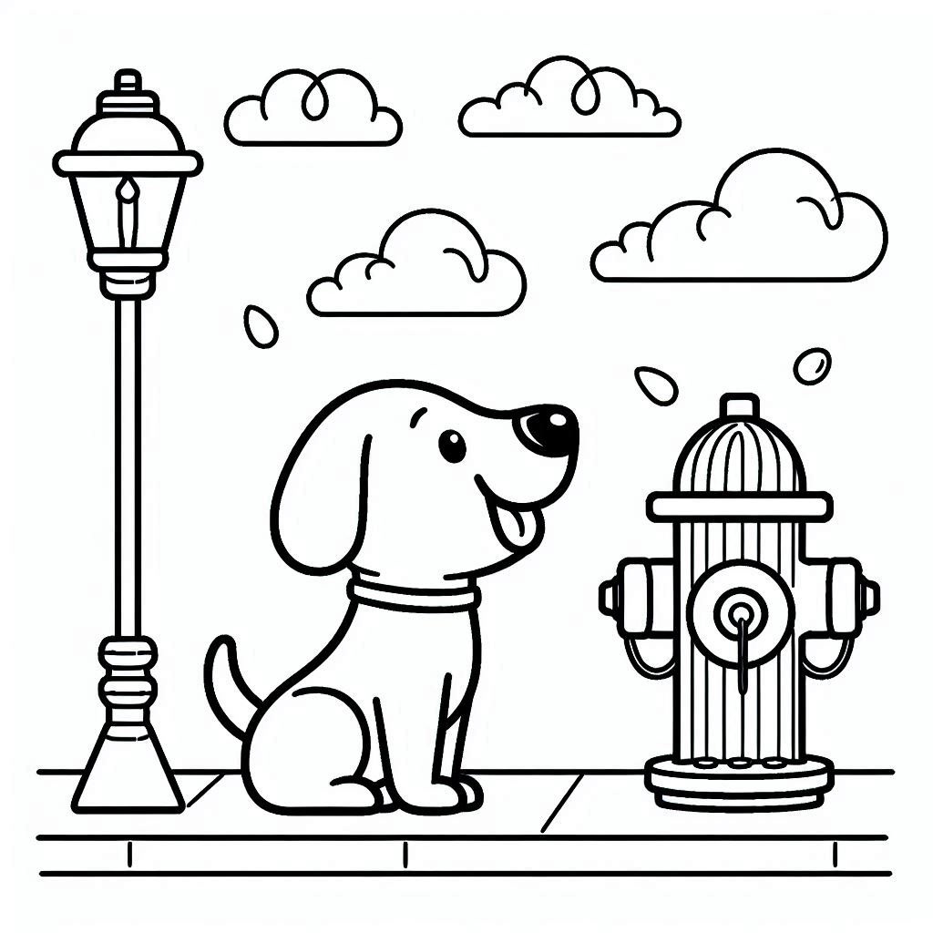 Simple Dog Coloring Page Beside Fire Hydrant