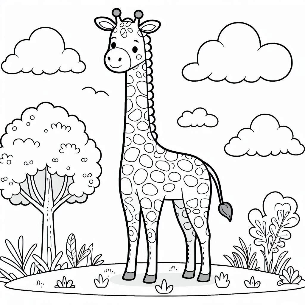Gentle giraffe standing in nature, easy to color
