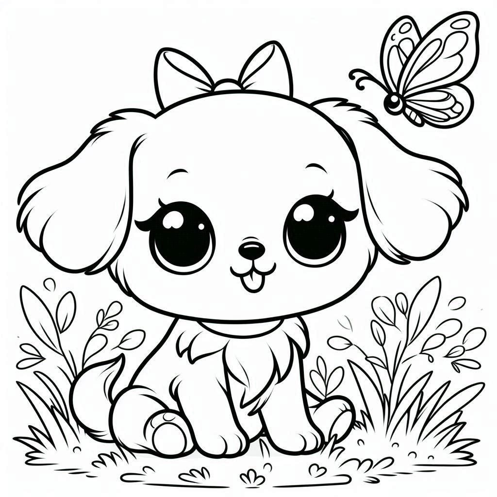 Adorable Puppy Watching a Butterfly Dog Coloring Page