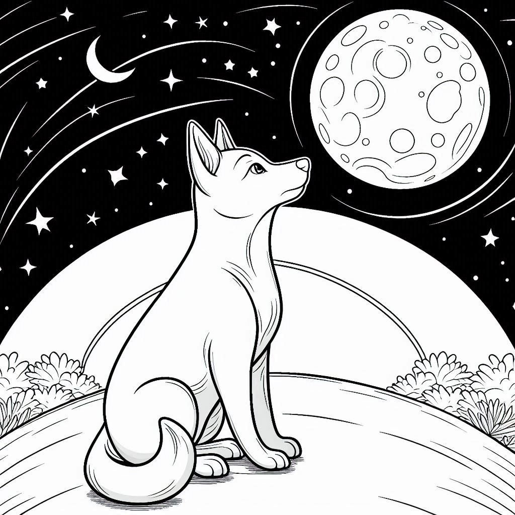 Dog Sitting on Hill Under the Moon Coloring Page