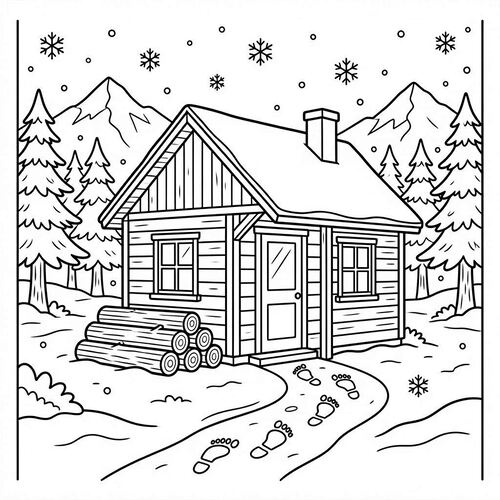 Winter-Cabin-Coloring-Page-in-a-Snowy-Mo